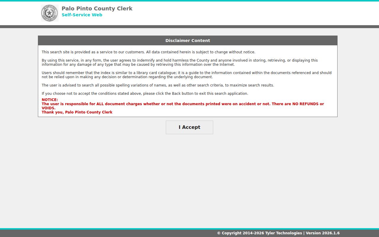 Palo Pinto County warrant records, County Clerk index disclaimer