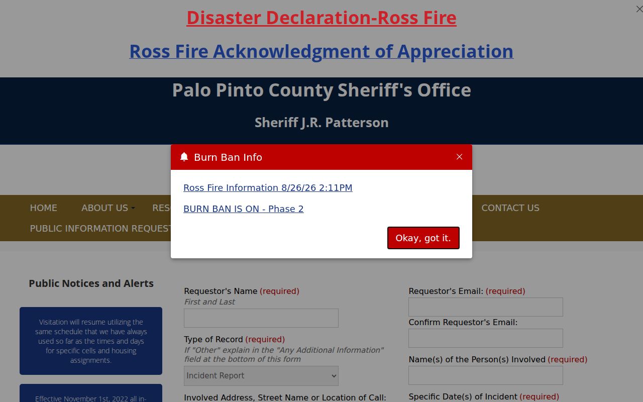 Palo Pinto County active warrant records, Sheriff information request form